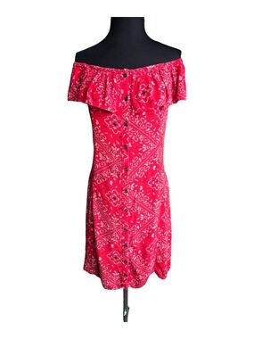 Mudd Off-Shoulder Red Bandana-Print Flowy Mini Dress Sz S Costal Cowgirl Western